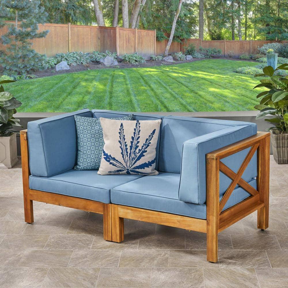 Luella Outdoor Modular Sectional Acacia Wood Loveseat with Cushions, Teak, Blue