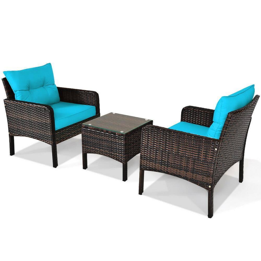 YYAo Garden Conversation Table Set, Conversation Loveseat Chairs Set, 3 Pcs Outdoor Patio Rattan Conversation Set with Seat Cushions-Turquoise