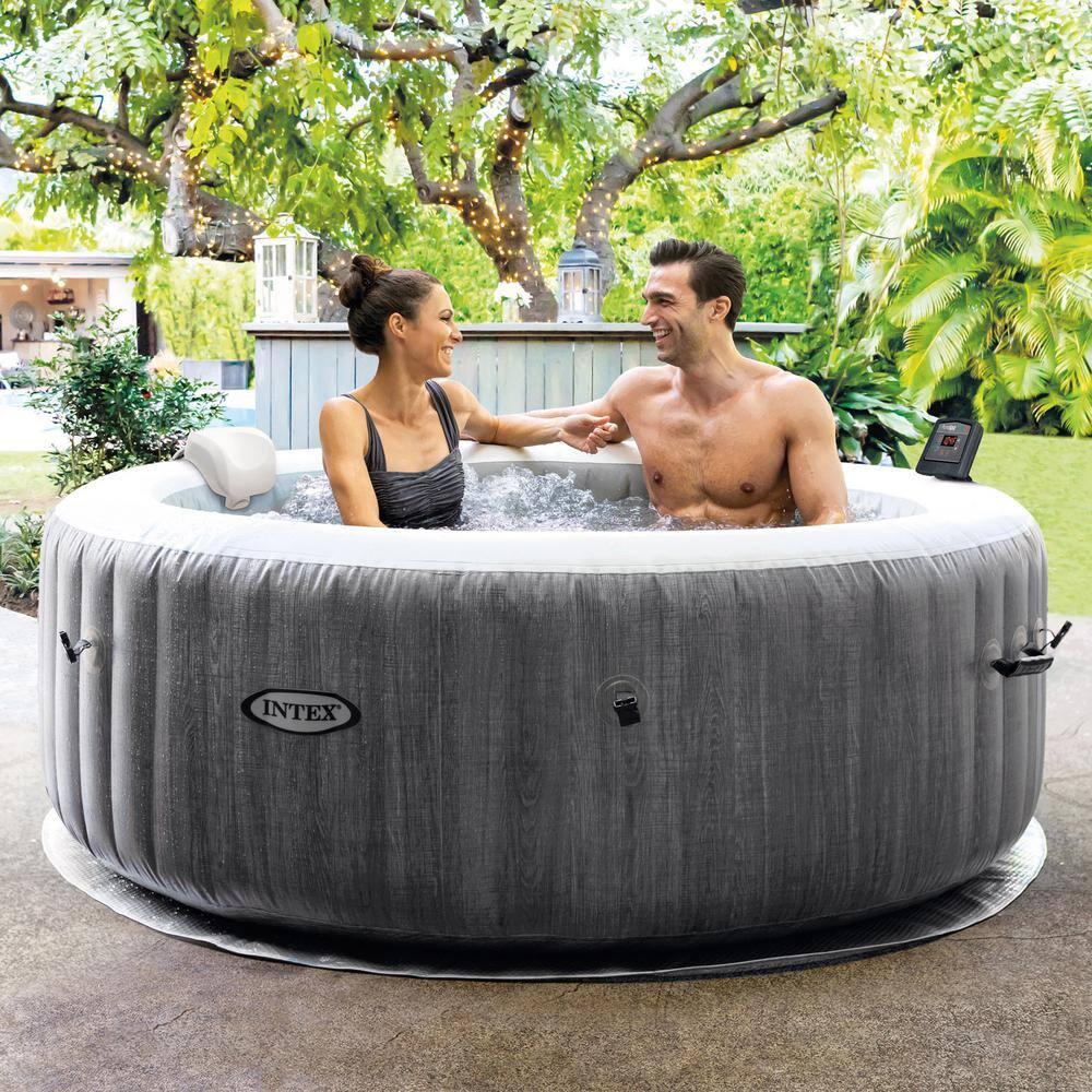 Intex 28439EP PureSpa Plus Greywood Inflatable Hot Tub Bubble Jet Spa with 4 Battery Powered Submersible Multi-Colored LED Lights