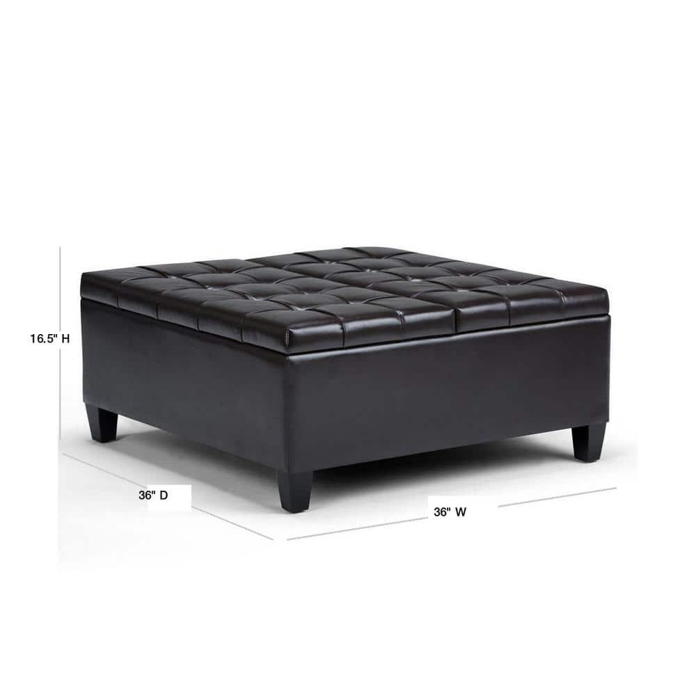 Simpli Home Harrison 36"W Upholstered Square Coffee Table Storage Ottoman with Split Lift Top