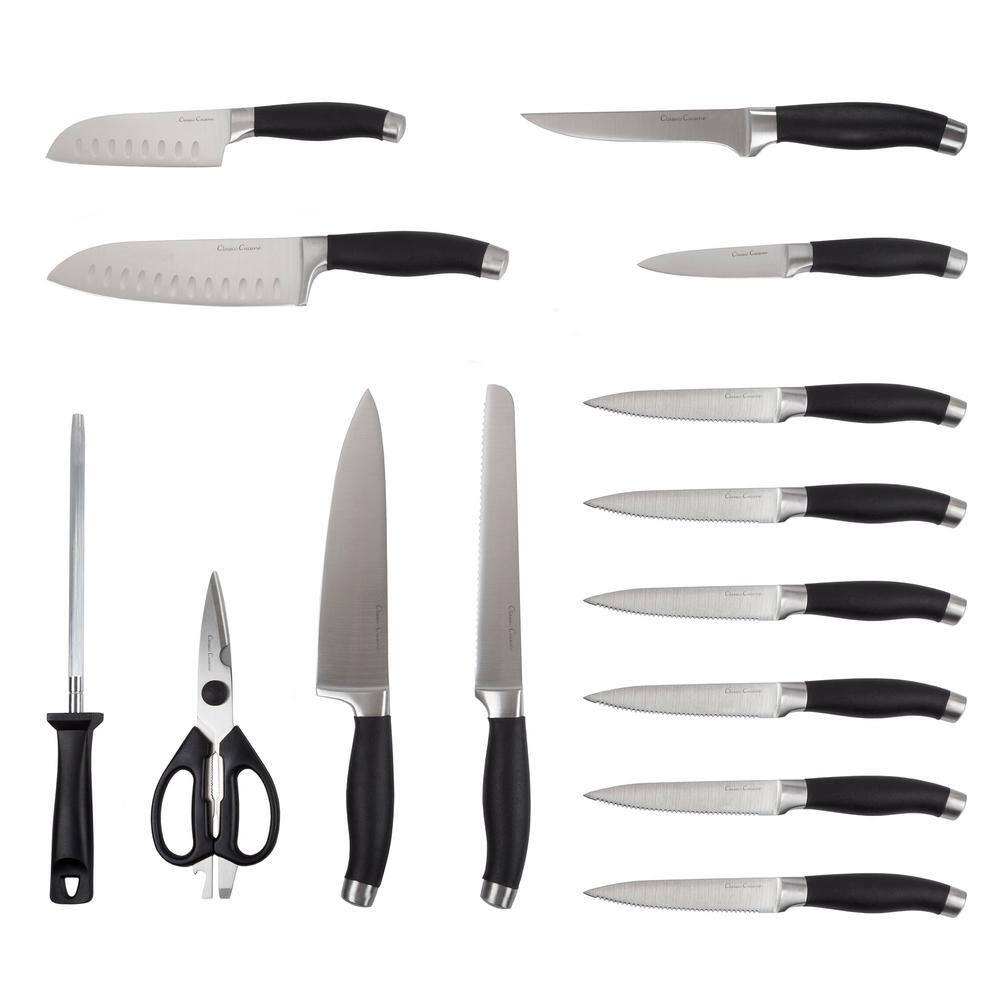 Classic Cuisine Professional 15-Piece Knife Set with Block - Stainless-Steel Cutlery with Chef, Bread, Santoku, Filet, Paring, and Steak Knives