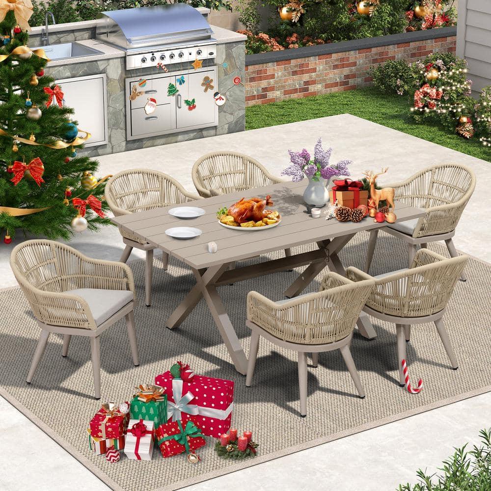 Champagne Aluminum 7-Piece Outdoor Dining Set with Beige Cushions