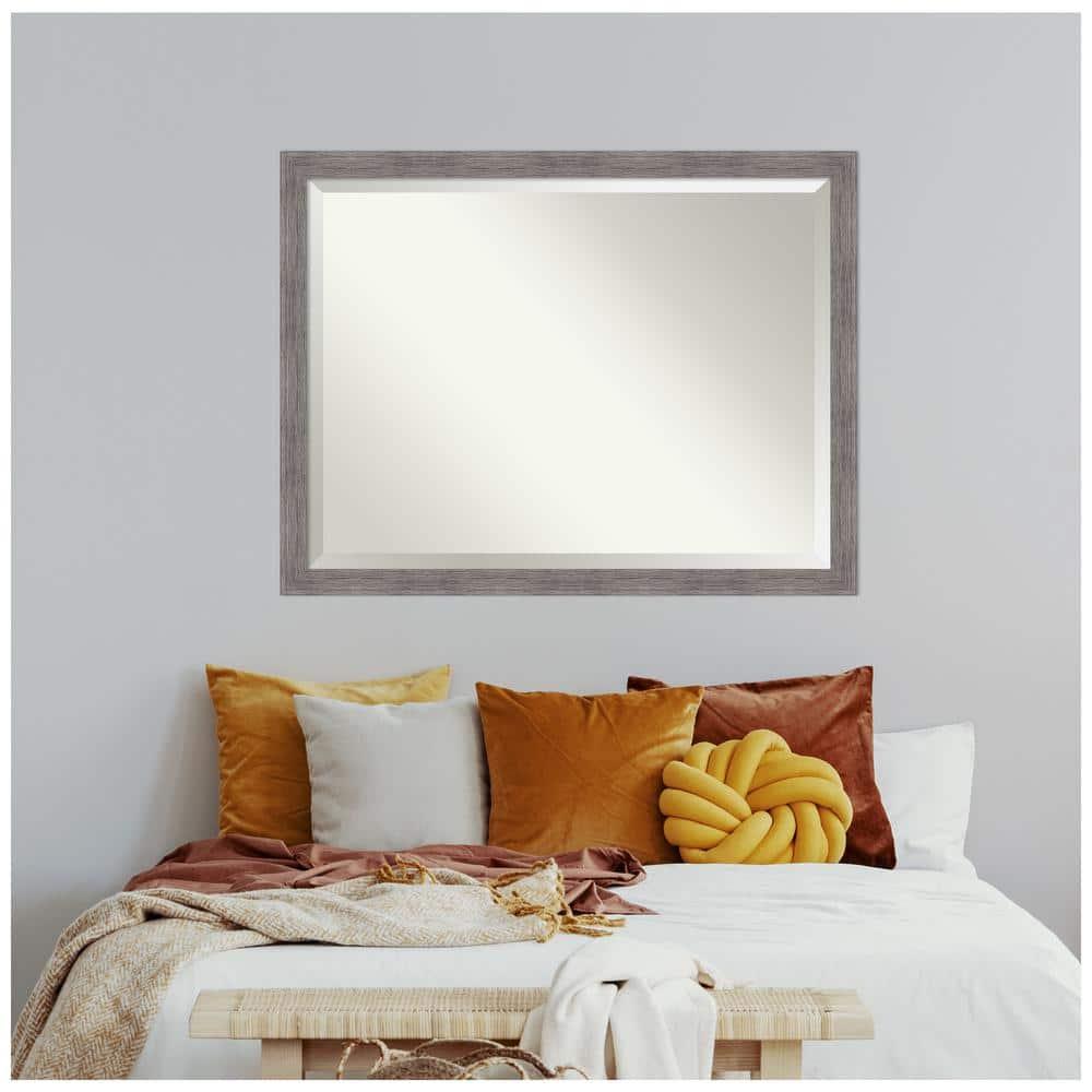 Amanti Art Beveled Bathroom Wall Mirror - Pinstripe Frame Pinstripe Plank Grey Narrow Outer Size: 43 x 33 in