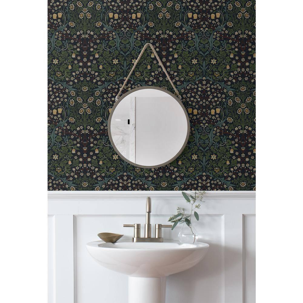 NextWall  Victorian Garden Floral Peel and Stick Wallpaper 20.9 in. W x 18 ft. L - Midnight Blue & Evergreen