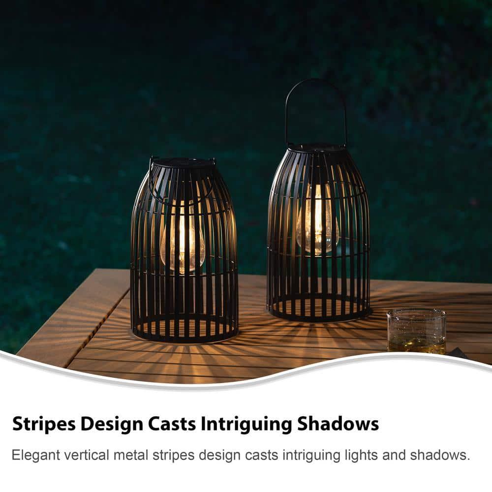 9.75" Black Metal Solar Powered Outdoor Hanging Lantern Set