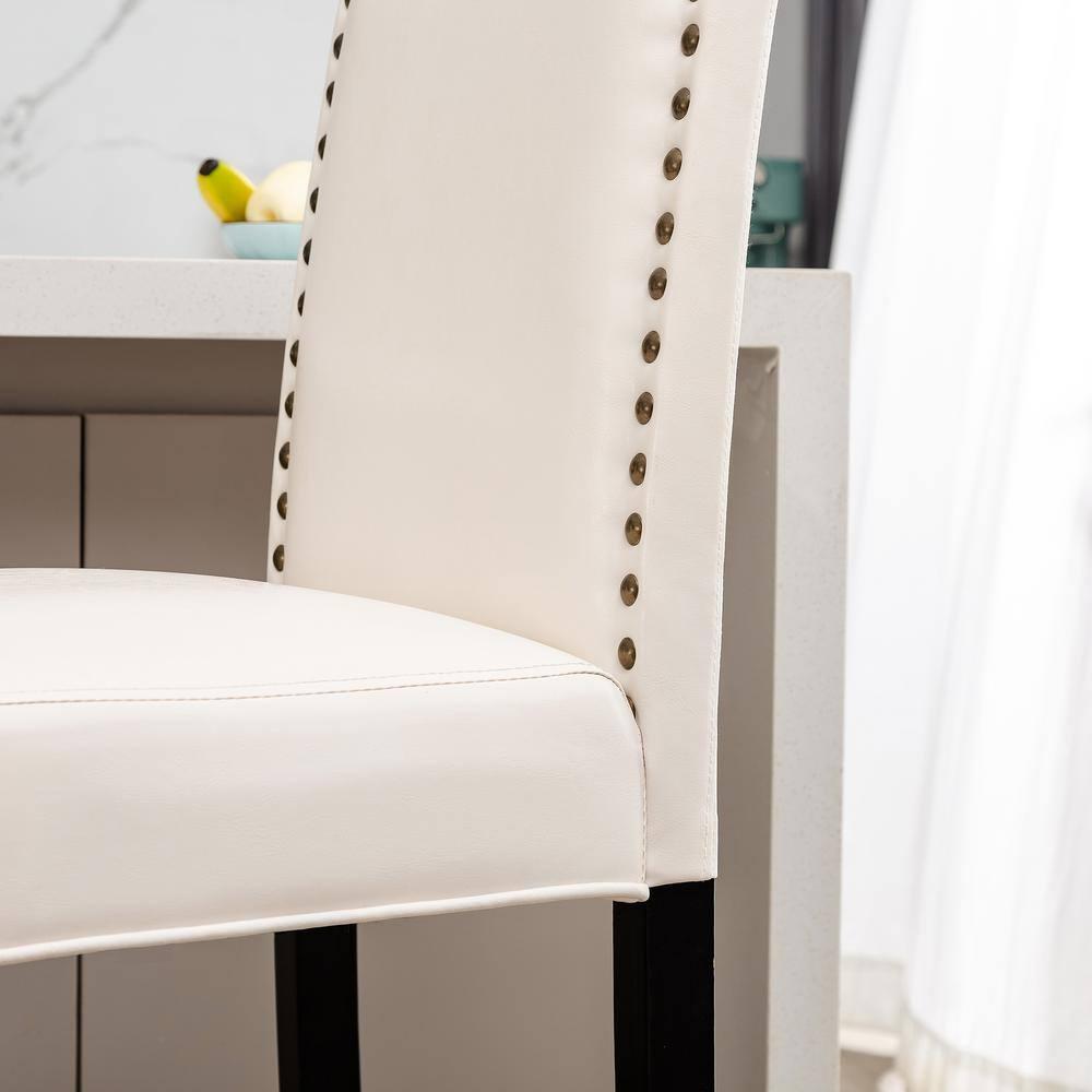 Set of 2 Leatherette PU Barstools with Studded Decor Off White - Glitzhome: Rubberwood Frame, Footrest, Modern Style