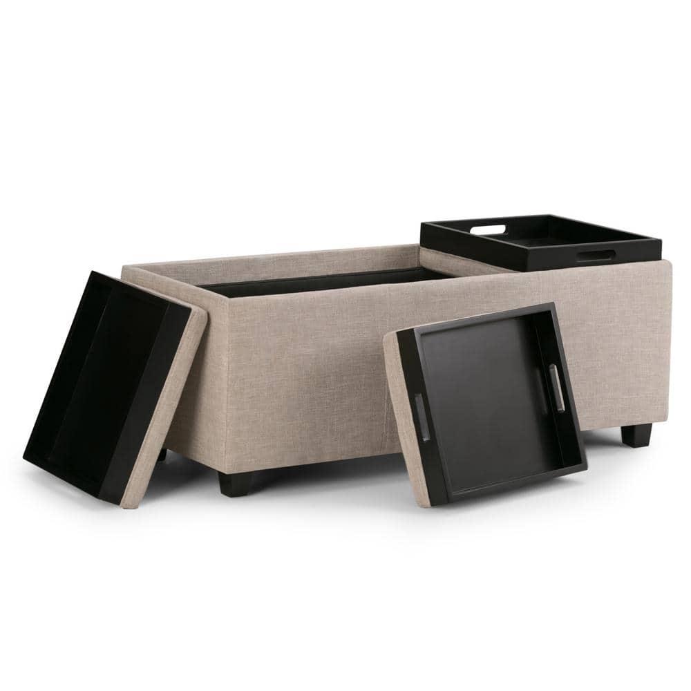 Simpli Home Avalon 42"W Upholstered Storage Ottoman with 3 Flip-Over Serving Trays