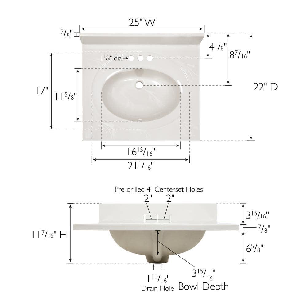 Cultured Marble Vanity Top – 25-Inch Single Bowl Sink 4-Inch Centerset with Integrated Backsplash – Reinforced Packaging – Ivory Swirl, Design House, 586313