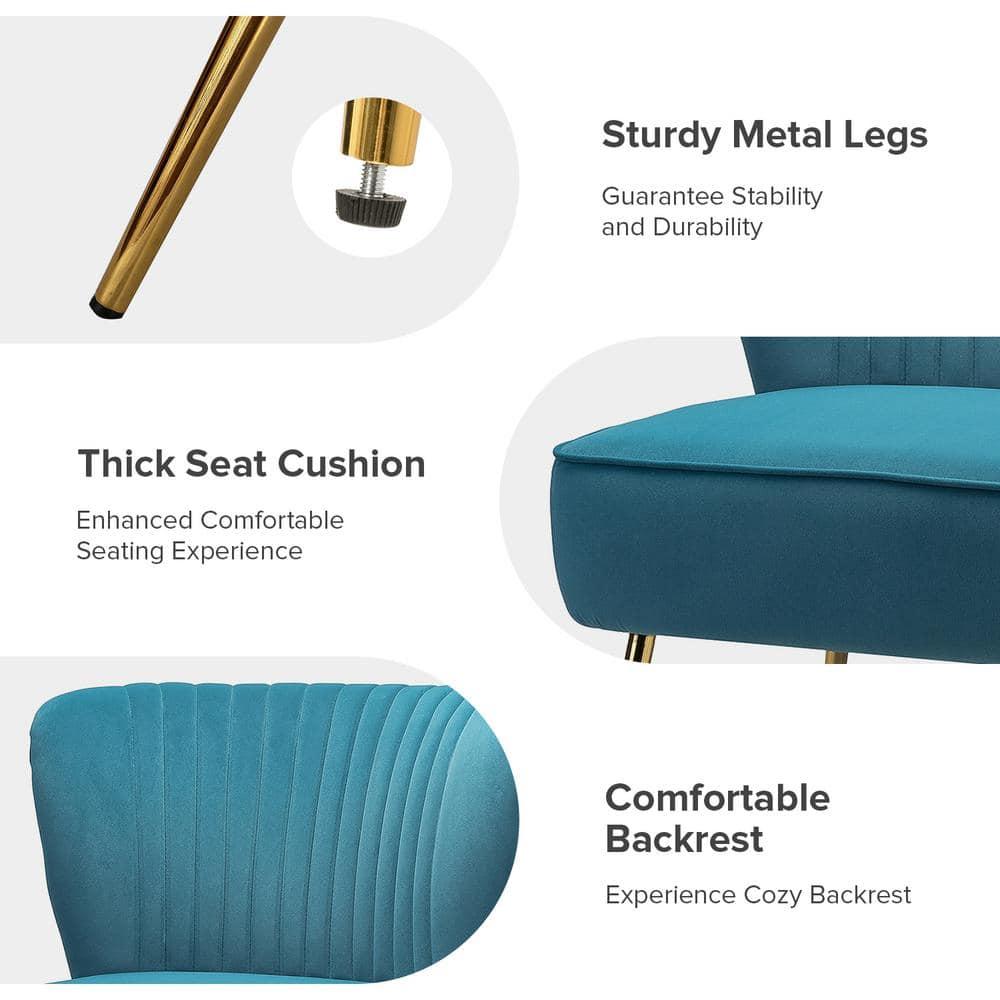 Velvet Accent Chair Set of 2 Upholstered Adult Side Chairs Gold Leg Home Bedroom Blue