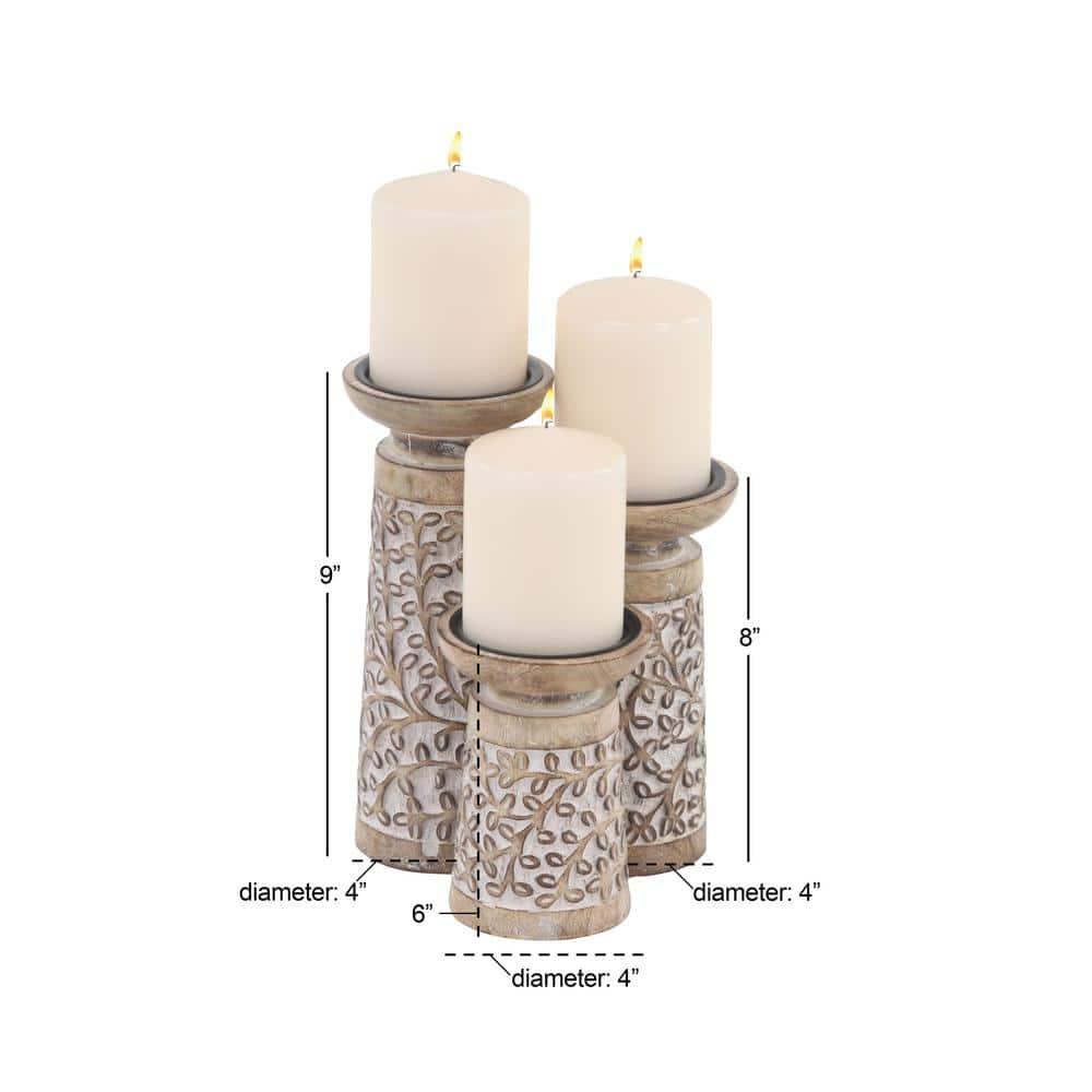 DecMode 3 Candle Brown Mango Wood Handmade Candle Holder, Set of 3