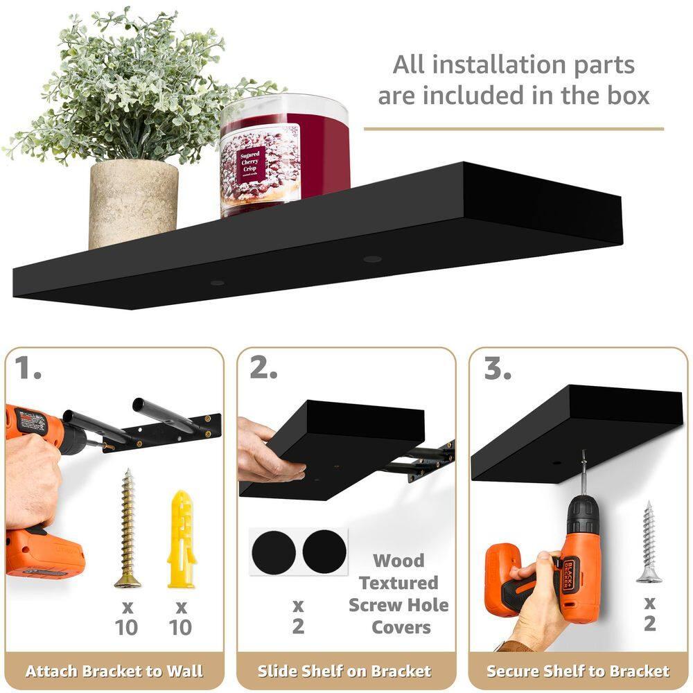 24" Black Solid Wood Floating Wall Shelves Set of 2