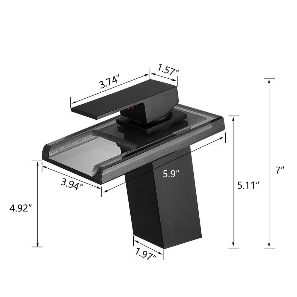 LED Bathroom Sink Faucet, Matte Black Waterfall Single Handle Vanity Faucets for Sinks 1 Hole with Metal Pop Up Drain and 2 Water Supply Lines, Open Glass Spout