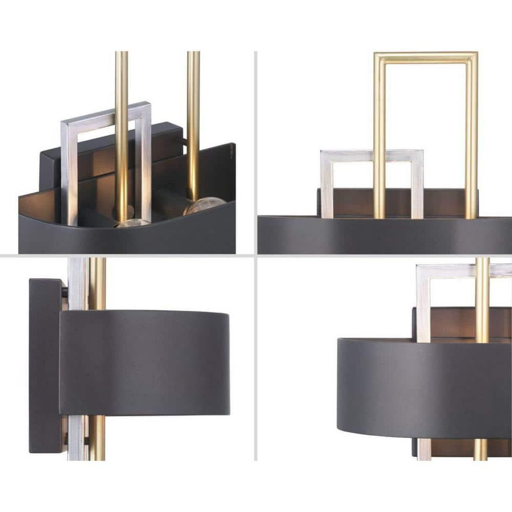 Progress Lighting Adagio 2-Light Wall Sconce, Black, Geometric Pattern, Steel, Damp Rated, Brushed Silver and Brass Accents