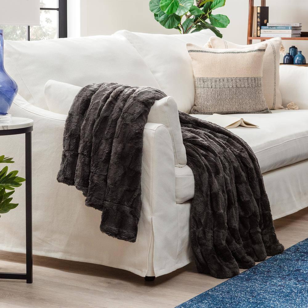 Chanasya Super Soft Fuzzy Faux Fur Elegant Rectangular Embossed Throw Blanket | Fluffy Plush Sherpa CozyGrey Microfiber Blanket for Bed Couch Living Room Fall Winter Spring (50" x 65") - Dark Grey