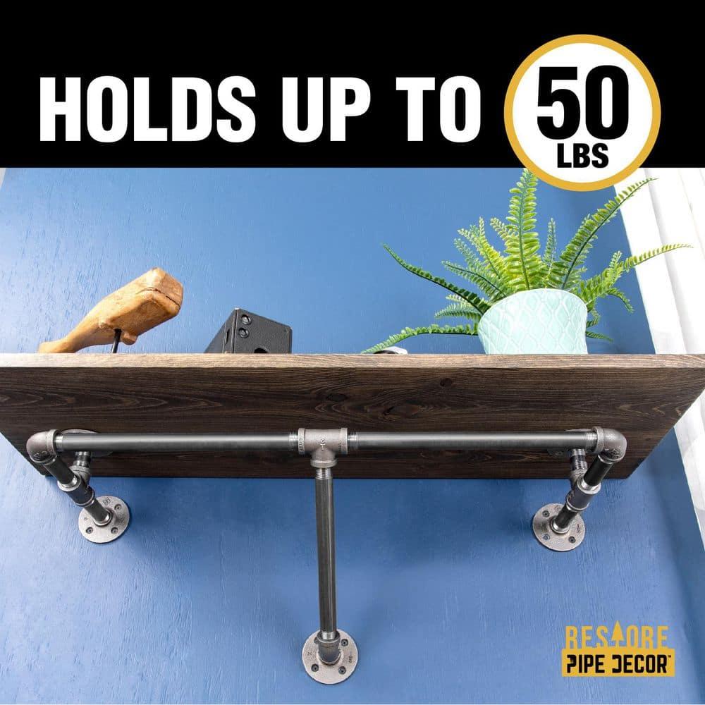 PIPE DECOR  24" Wall Mounted Clothing Rack with Wood Shelf and Industrial Steel Pipe Boulder Black