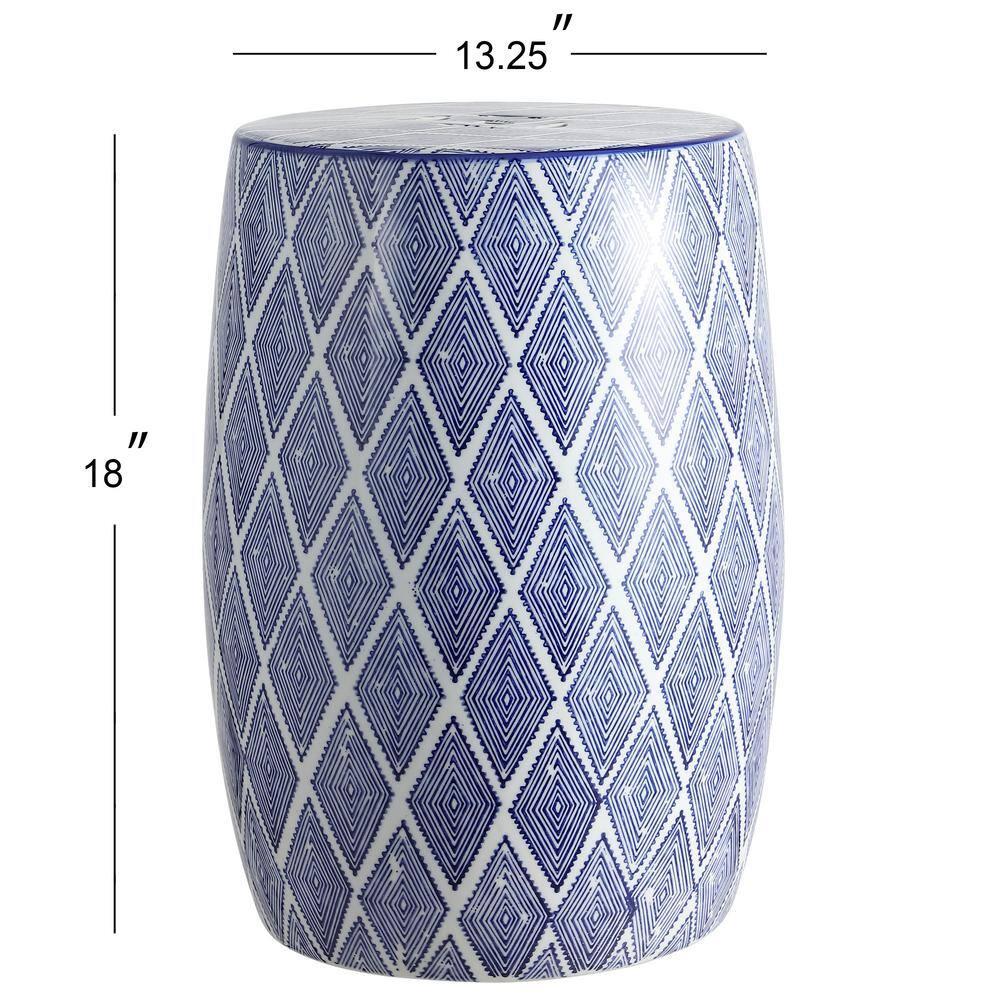 Moroccan Diamonds 18" Ceramic Drum Garden Stool, Blue/White - JONATHAN Y