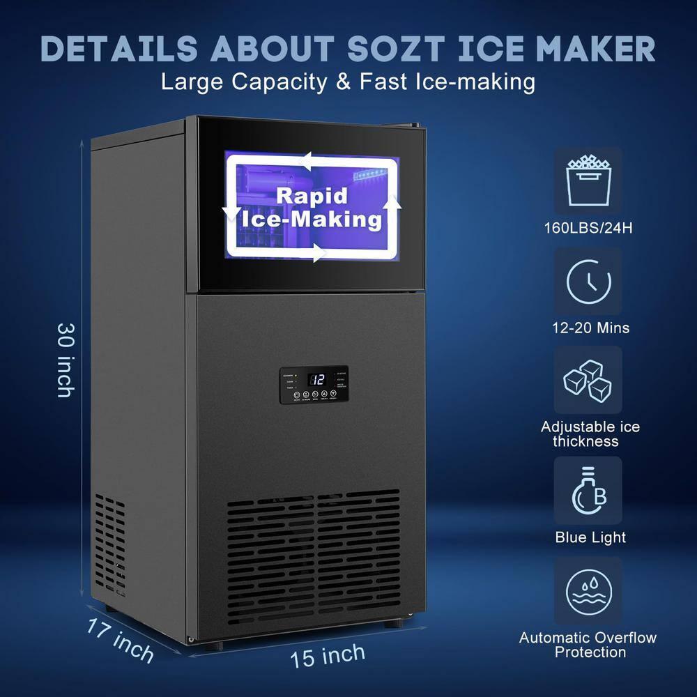15in. 160Lbs/24H Black Stainless Steel Ice Maker in Stainless Steel with 35LBS Storage Bin