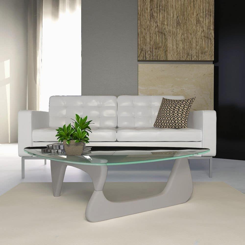LeisureMod Triangular Coffee Table with 36” Tempered Glass Top and Stained Rubberwood Base for Modern Home, Living Room, Office Imperial Collection in Grey