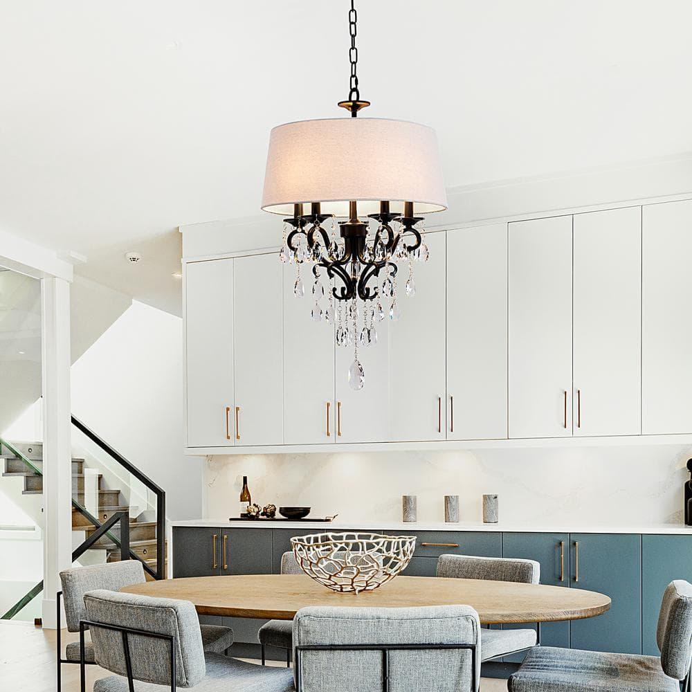 18 in. 5-Light Blackened Bronze Crystal Chandelier with Fabric Shade