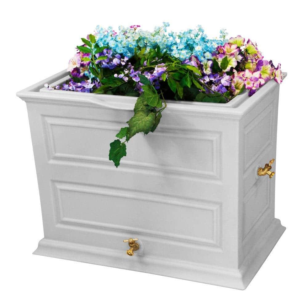 Good Ideas Savannah Colonial Style 42 Gallon Rain Saver Barrel with Self-Draining Garden Planter and Brass Spigots, Light Gray