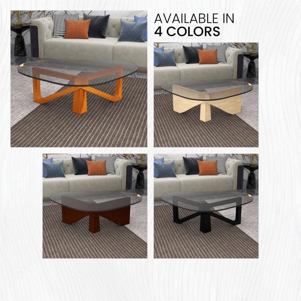 LeisureMod Imperial Collection Triangular Glass Top Coffee Table with Glossy Ash Wood Base for Home, Living Room, Office