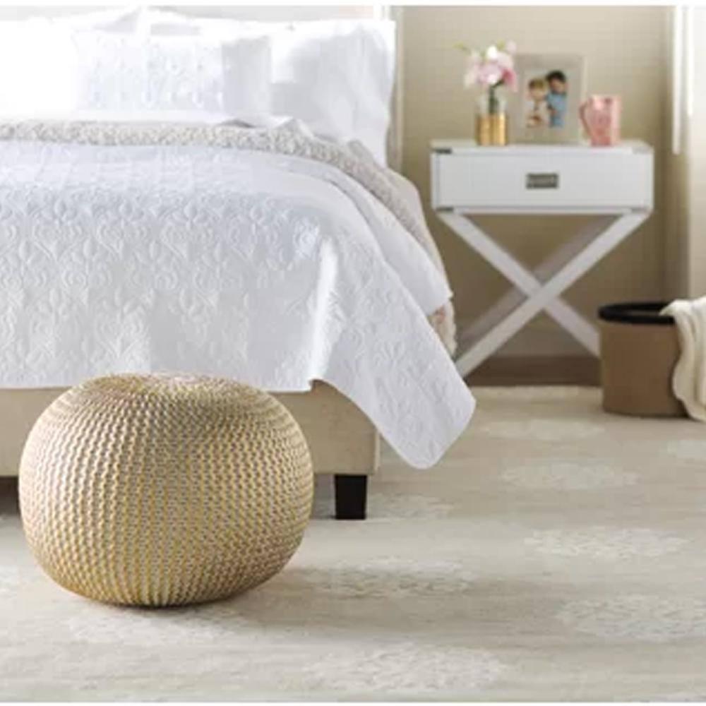 Ox Bay Caitlin Round Solid Print Hand Knitted Cotton Indoor Pouf, White