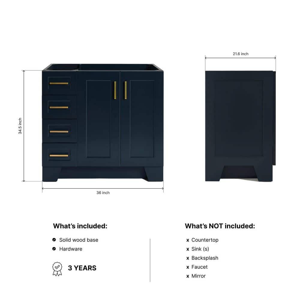 Sawyer 36'' Solid Wood Single Bathroom Vanity Base Only, Right Offset Base Cabinet without Top