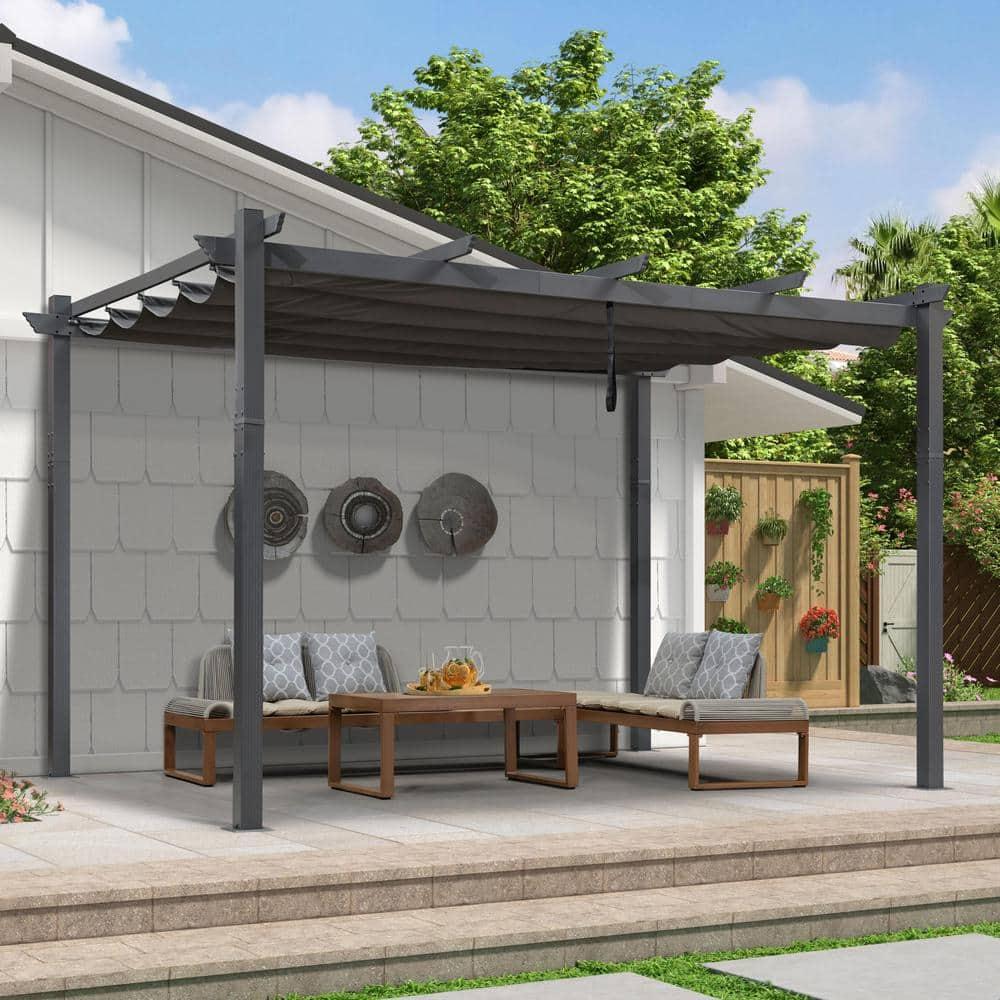 PURPLE LEAF Pergola 9.5' X 13' Outdoor Retractable Pergola Against The Wall with Sun Shade Canopy Aluminum Patio Pergola for Porch Garden Yard, Gray