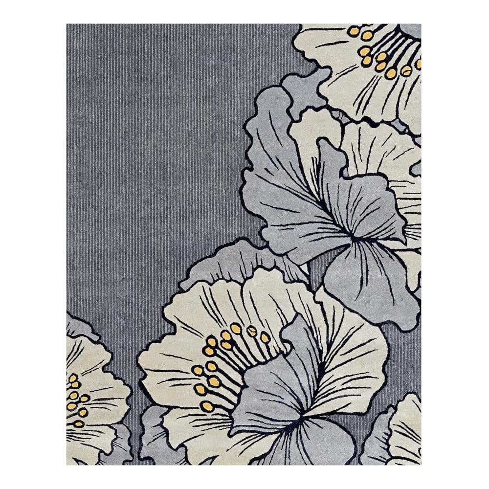 NICOLE MILLER NEW YORK Flora Grandeur Bloom Handcrafted Area Rug, Natural Wool Rug, Bold Floral Rug, Grey, 8'x10'