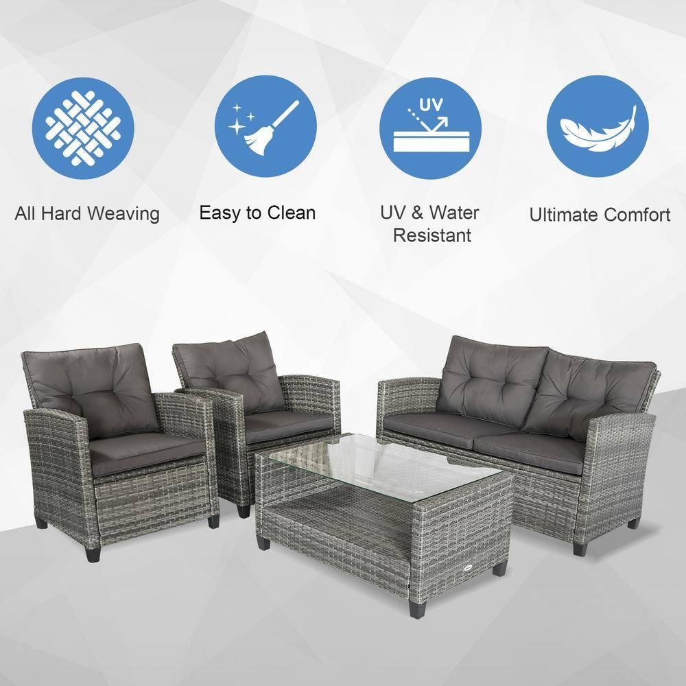 Outsunnny 4 Piece Patio Furniture Set, Outdoor Wicker Loveseat Sofa & Chairs, with 2-Tier Coffee Table & Tufted Cushions, Carbonized