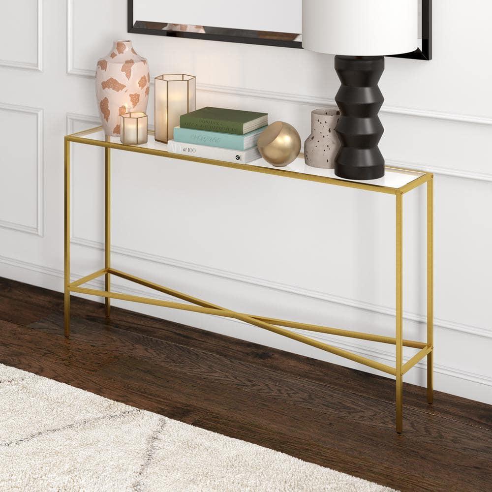 Evelyn&Zoe Henley 55" Wide Rectangular Console Table with Glass Top, Brass