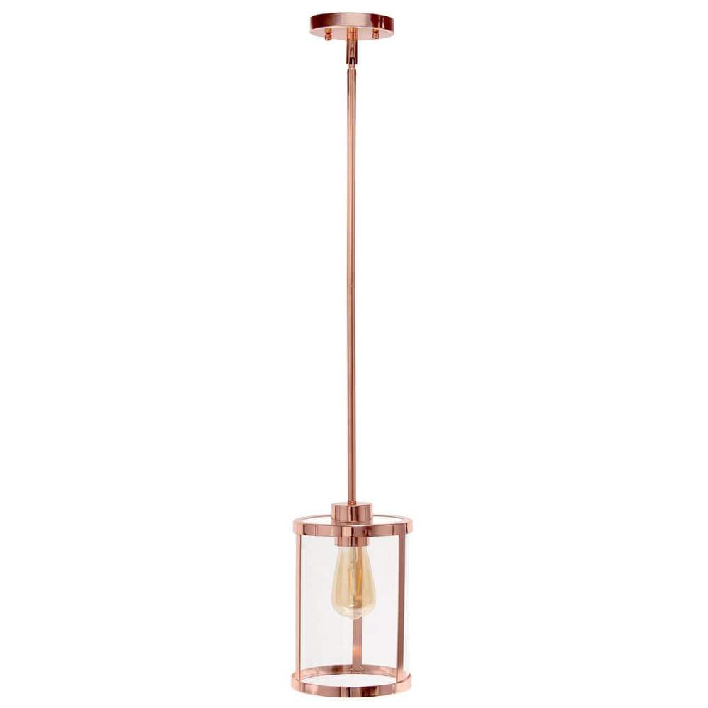 1-Light 9.25" Modern Farmhouse Adjustable Hanging Cylindrical Clear Glass Pendant Fixture with Metal Accent Rose Gold - Lalia Home