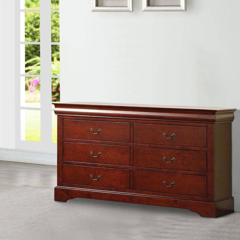 Wooden Dresser With Six Drawers , Cherry Brown
