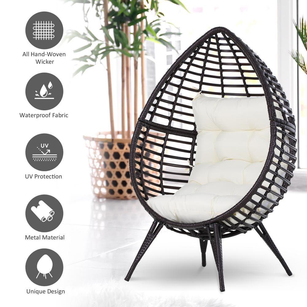 Outsunny Wicker Egg Chair, Oversized Indoor Outdoor Boho Lounge, Hand-Woven Water-Safe PE Rattan Furniture with Cushion, Beige