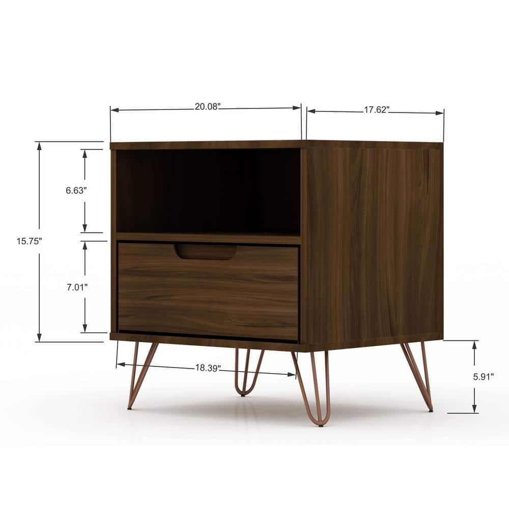 1.0 Rockefeller Nightstand Brown - Manhattan Comfort: Modern Bedside Table with Storage, Shelving & Metal Glides
