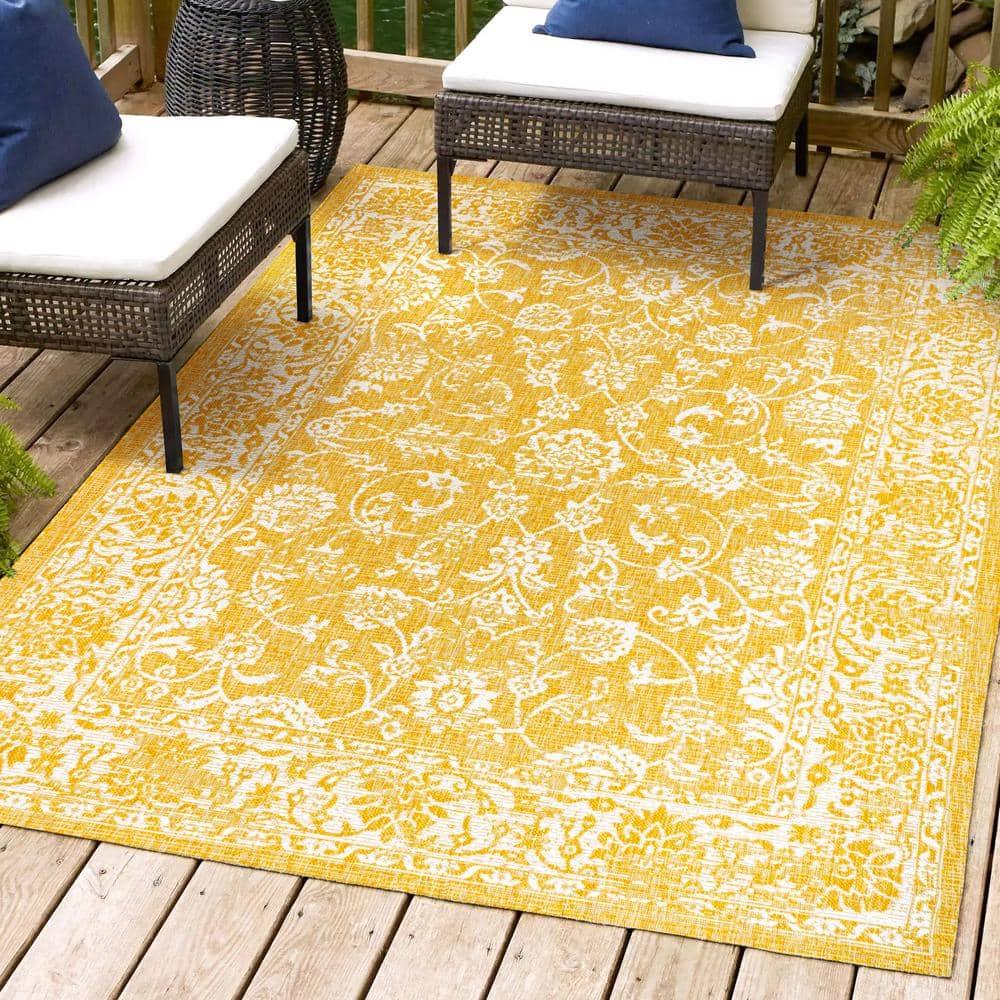 9' x 12' Tela Bohemian Textured Weave Floral Indoor/Outdoor Area Rug, Yellow/Cream - JONATHAN Y