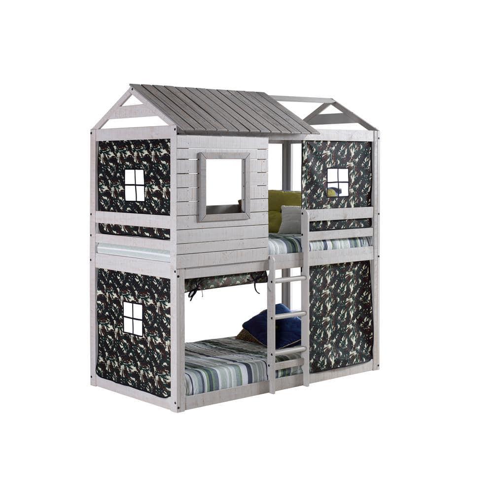 Rustic Light Grey Pine Twin Bunk Bed with Camo Tent