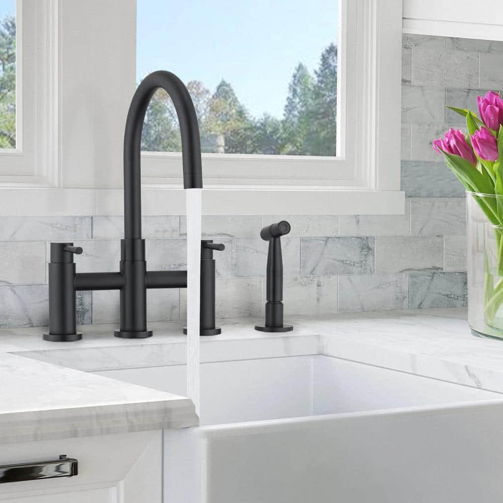Double Handle Bridge Kitchen Faucet with Side Sprayer in Matte Black