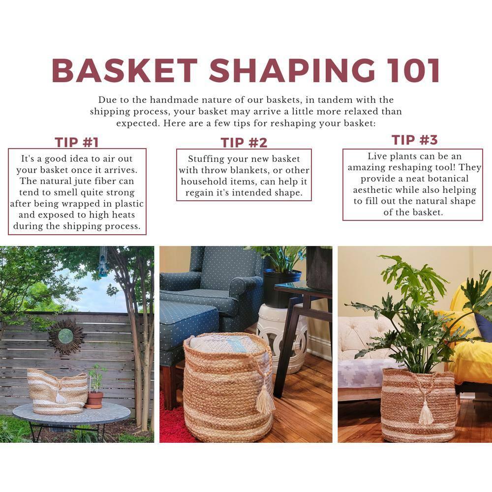 LR Home Woven Round Jute 17" Storage Basket with Handles, Black/White Multi Stripe