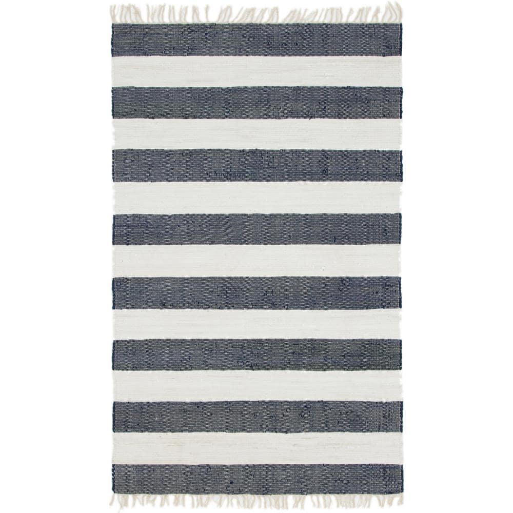 Unique Loom Chindi Rag Collection Area Rug - Striped (5' 1" x 8' Rectangle Navy Blue/Ivory)