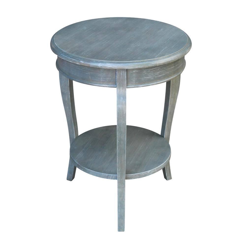 Cambria Round End Table Antique/Heather Gray - International Concepts: Solid Wood, Fixed Shelf