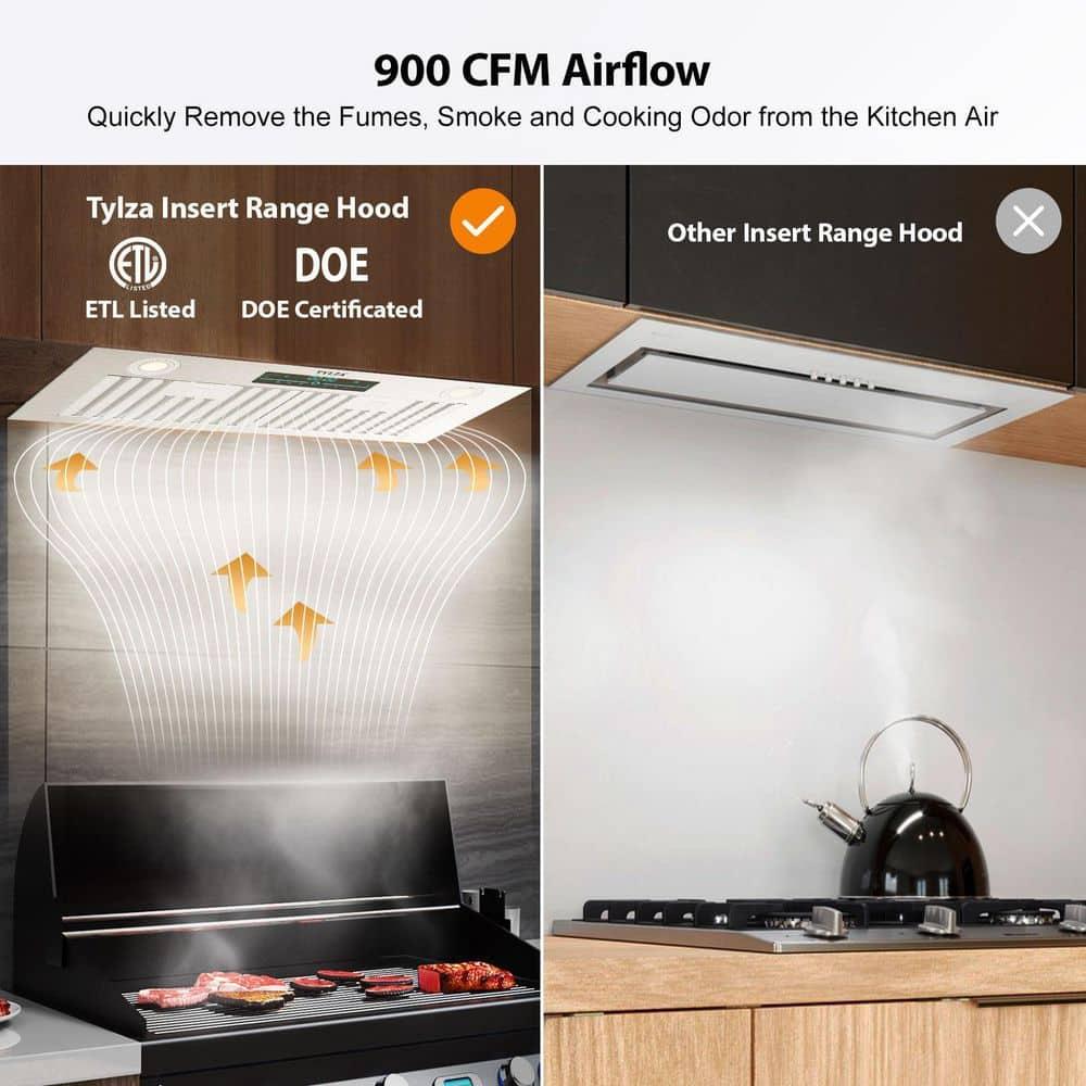 PowerFlow Series 30" 900 CFM Convertible Insert Range Hood Digital Control Panel with Baffle Filter Charcoal Filter and LED Light Stainless Steel Silver