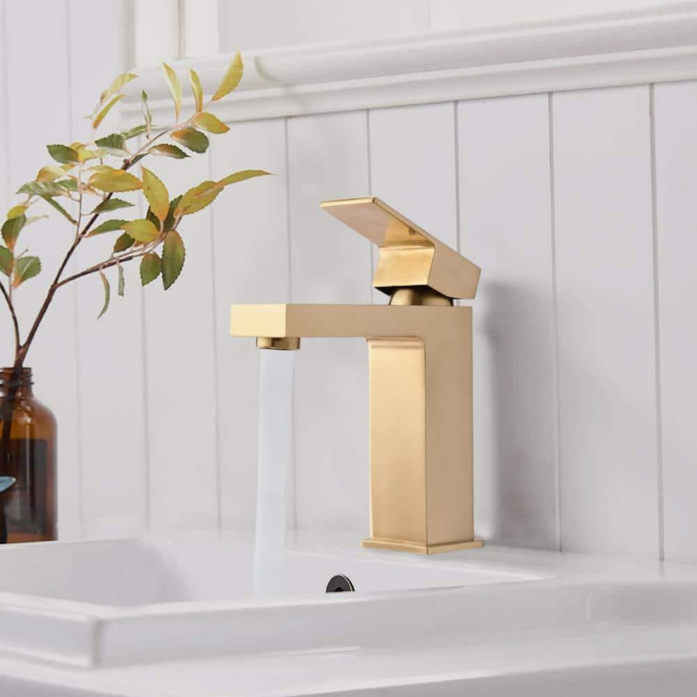 Brass Bathroom Sink Faucet Single Handle Lavatory Vanity Mixer Tap 1 Hole with Deck Plate, Metal Pop-up Drain Assembly & Water Supply Lines (Brushed Gold)