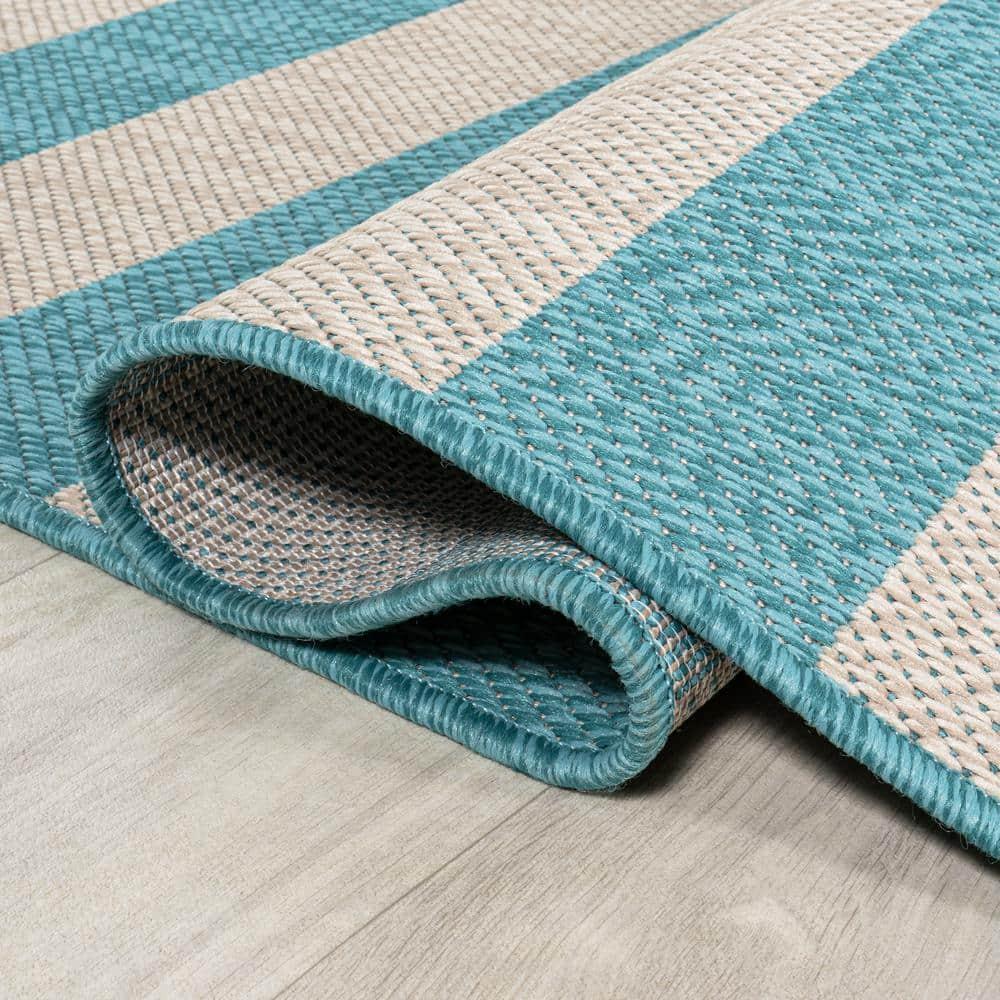 2' x 8' Negril Two-Tone Wide Stripe Indoor/Outdoor Runner Rug, Aqua/Cream - JONATHAN Y