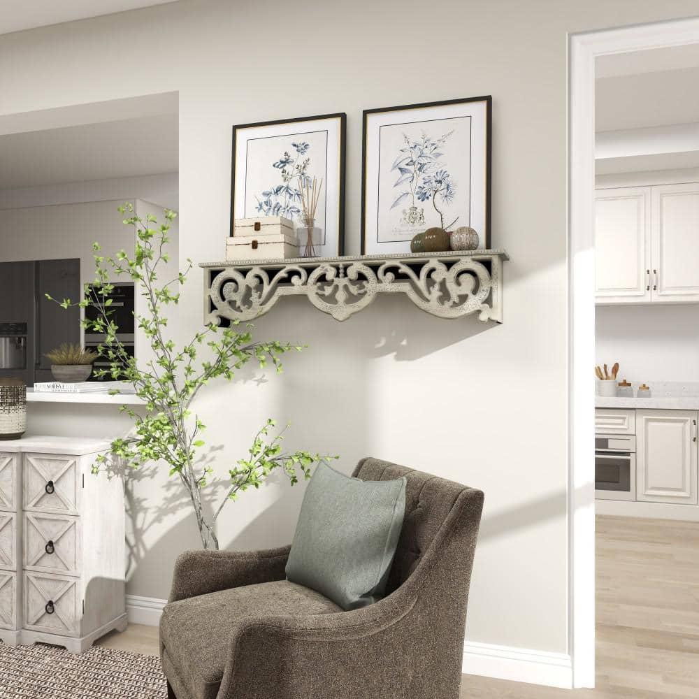 DecMode 48" x 8" 1-Tier Beige Scroll Wall Shelf with Gray Distressing