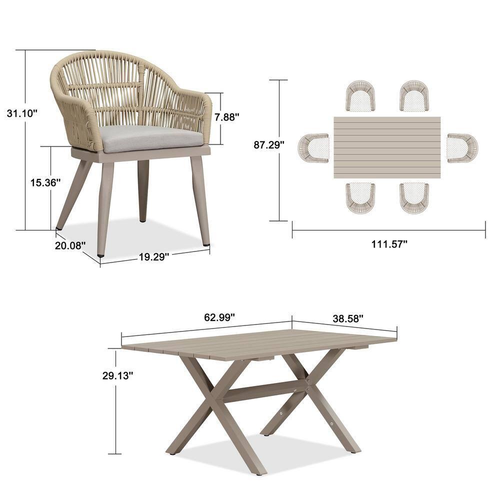 Champagne Aluminum 7-Piece Outdoor Dining Set with Beige Cushions