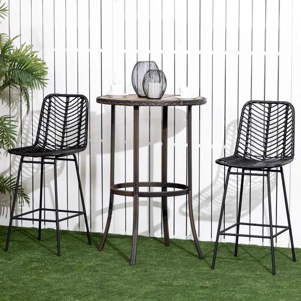 HOMCOM Modern Rattan Bar Stools Set of 2, Breathable Steel-Base Wicker Counter Height Barstools for Kitchen Counter, Black