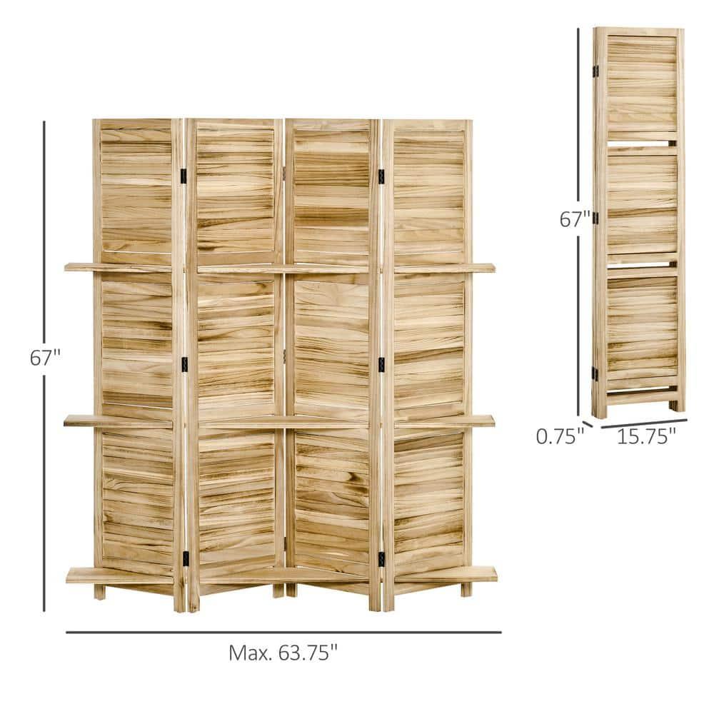 HOMCOM 4-Panel Folding Room Divider, 5.6 Ft Freestanding Paulownia Wood Privacy Screen Panel with Storage Shelves for Bedroom or Office, Natural