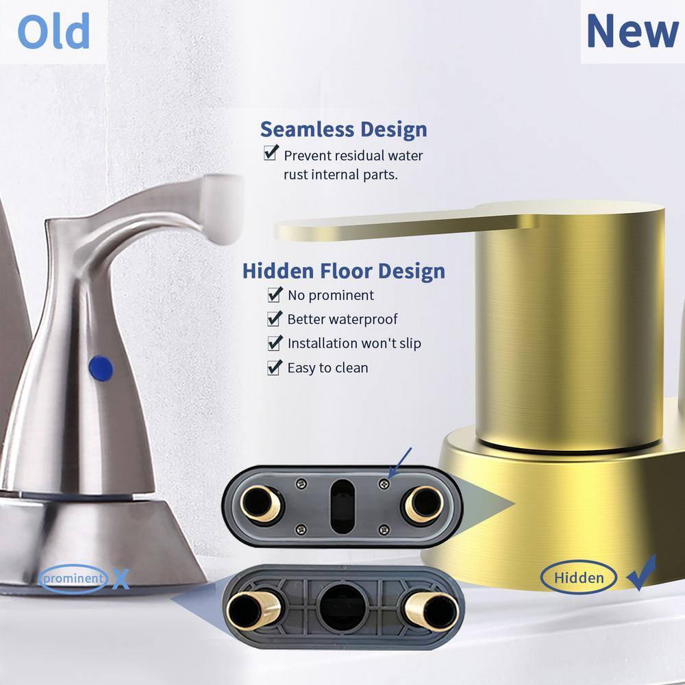 Brushed Gold Bathroom Faucet - 2 Handle, 360 Degree Swivel Spout, Centerset, 4 Inch Vanity, RV & Lavatory Use