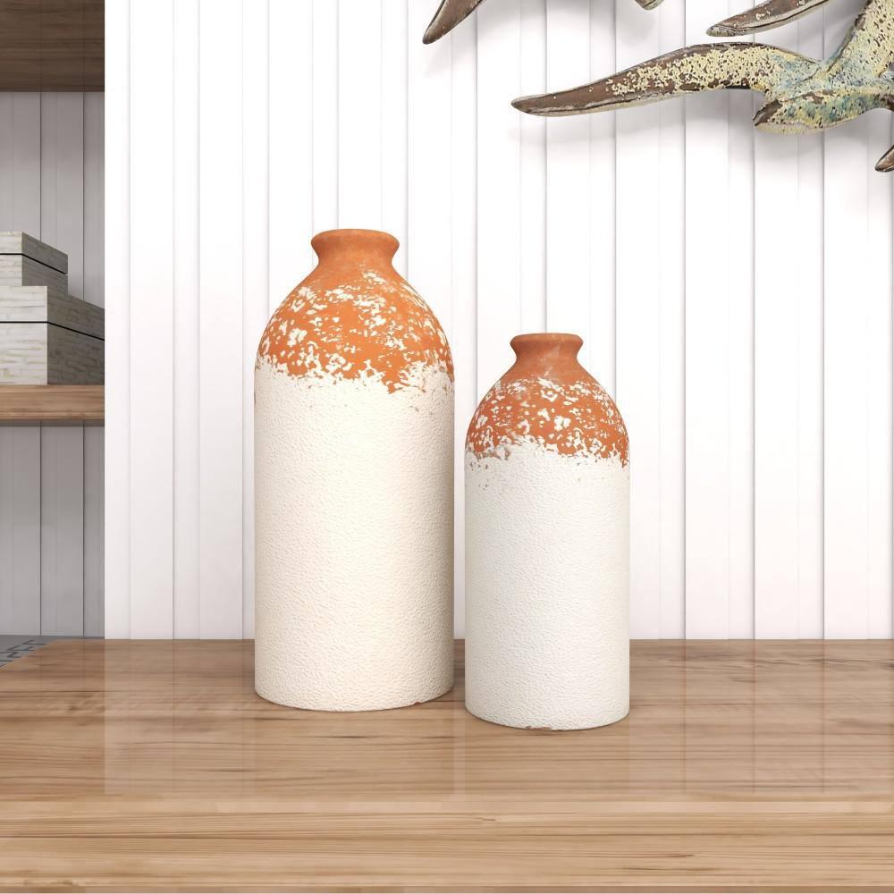 Novogratz Ceramic Decorative White Vase with Terracotta Detailing Set